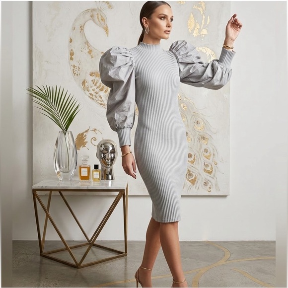 Athina Dramatic Puff Sleeve Ribbed Knit Mini Dress - Minimalist Glam - Picture 2 of 16